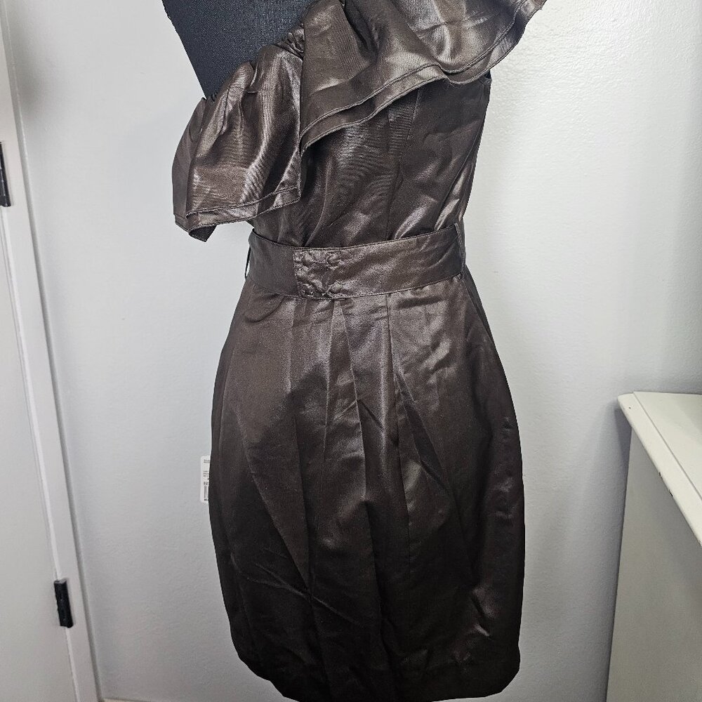 NEW Forever 21 Brown Satin One-Shoulder Leather-Look Dress – Size Medium - Picture 3 of 5